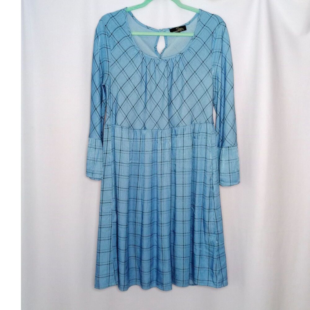Suzanne Betro Dress Relaxed Flowy Scoop Neck 3/4 Bell Slv Blue NWOT Womens XL